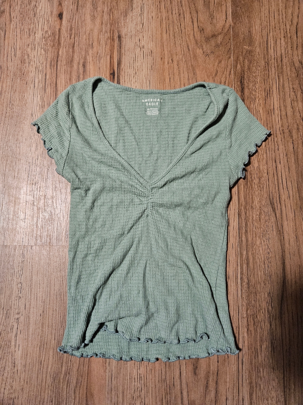 American Eagle Cinch Front Hey Baby Tee Green V-Neck Short Sleeve Top